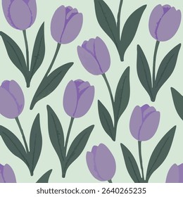 A pattern of purple tulips and green leaves on a green background