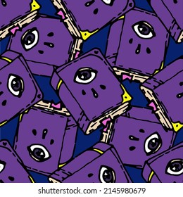 a pattern from a purple witch's GRIMOIRE book with an eye on the cover. a seamless pattern from a hand-drawn cartoon book of magic spells, often located on dark blue