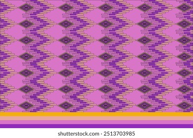 El patrón de la tela ikat púrpura y amarilla tiene un patrón en capas con diferentes colores que se pueden ajustar, sin costuras, diseñado para coser y utilizado para la producción de impresión.