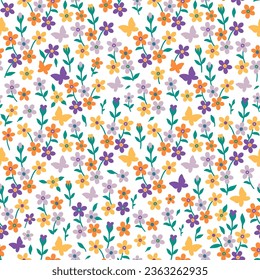 A pattern of purple, yellow, orange, mint and lilac flowers and butterflies.