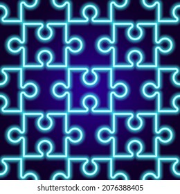 the pattern from the puzzle is glowing. abstract seamless pattern of a jigsaw puzzle piece glows in the dark blue neon  vector background