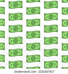 Pattern of QTUM banknotes on transparent background with mini doodle (icon) and green color. Vector Illustration