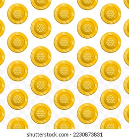 Pattern of QTUM coins on transparent background with mini doodle (icons) and gold color. Vector Illustration