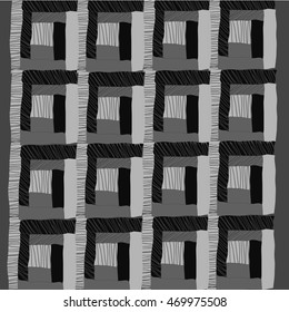  Pattern of quilt, fragment called "draw-well", doodles ,quadrangles, patchwork, stripes, hole . Hand drawn.