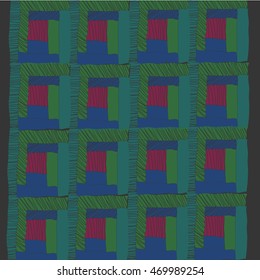  Pattern of quilt, fragment called "draw-well", doodles,patchwork,quadrangles, stripes, hole . Hand drawn.