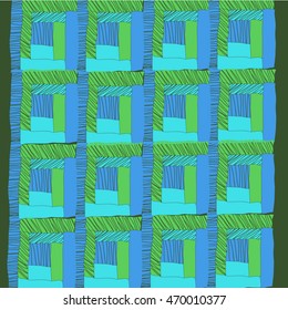  Pattern of quilt, fragment called "draw-well", doodles,patchwork,quadrangles, stripes, hole . Hand drawn.