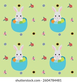 Pattern of a rabbit and colored eggs on a green background, representing an Easter theme.
