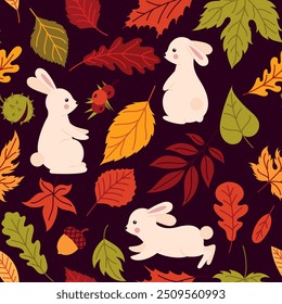 Um padrão com coelhos e folhas de outono. Fundo de outono com lebres para tecido ou papel de embrulho. 