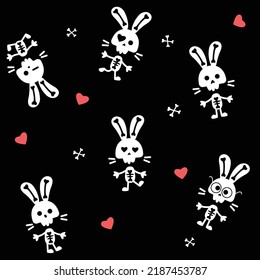 Pattern rabbits dressed as a skeleton with hearts and bones. Happy Halloween pattern.