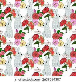 Pattern of rabbits and flowers, white background