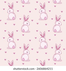 Pattern of rabbits and hearts.Vector seamless pattern with pink rabbits and hearts on a light background.