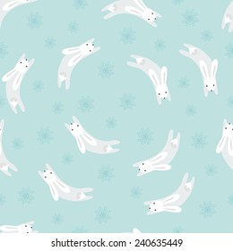 Pattern with rabbits and snowflakes on a blue background