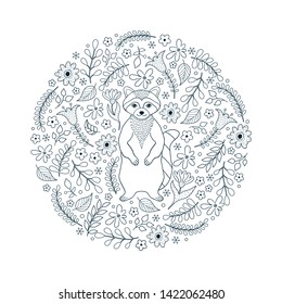 Pattern with raccoon and flowers on white background