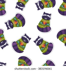 Pattern Raccoon in a sweater and a gift. Vector illustration