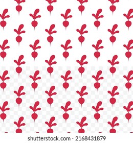 Pattern of Radish in red color on transparent background(PNG) with mini doodles(icons). Vector Illustration