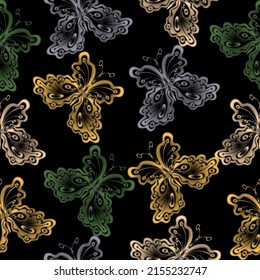 Pattern with rainbow butterflies on a black background.  Vector victorian Illustration