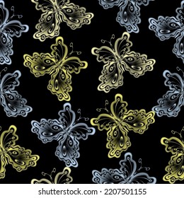 Pattern with rainbow butterflies on a black background.  Vector victorian Illustration