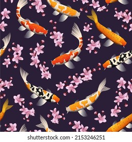 Pattern with rainbow carps. Seamless oriental texture with fishes and blossom cherry. Asian natural background in vector.