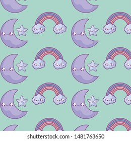 pattern of rainbow with clouds and moon kawaii style