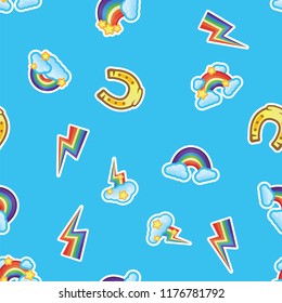 Pattern Rainbow, Clouds And Stars, Multicolor Lightning Strikes And Horse Shoe. Seamless Pattern Background