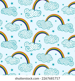Pattern with rainbow and clouds.Vector pattern with a bright rainbow and clouds on a colored background with stars.