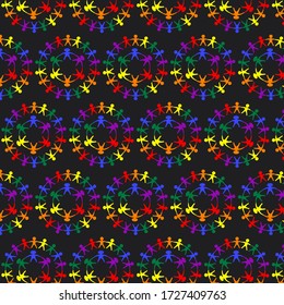 Pattern rainbow colorful little men in circles - on black background - vector. Gay Pride. LGBT concept.