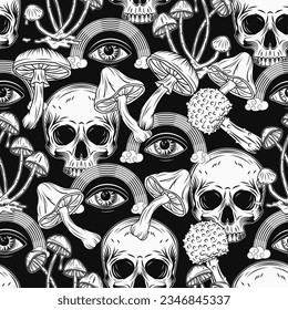 Pattern with rainbow, human skull, mushrooms, third eye. Concept of madness and craziness. Surreal illustration for groovy, hippie, mystical, psychedelic design. Black background