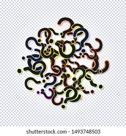 Pattern of rainbow question marks scattered circle shaped on a transparent background. Colorful poll template. Design for query background, faq, interrogation, quiz, poll. Vector illustration
