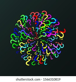 Pattern of rainbow question marks scattered circle shaped on a black background. Colorful poll template. Design for query background, faq, interrogation,  quiz, poll. Vector illustration