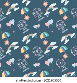 pattern and rainbow   rain clouds The sun opens up multicolored umbrella  Ferris wheel  blue   pink transparent heart  shaped ball tied together  dark blue background  vector 