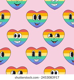 Pattern with rainbow retro groovy heart. LGBTQ print