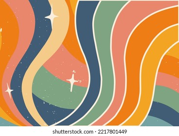 Pattern with rainbow retro waves. Fashion vintage poster. Good vibe. Colorful vector wallpaper. Vector template. Vector boho background. Rainbow 60s, 70s, hippie vector.