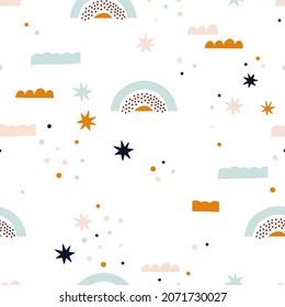 Un patrón con un arcoiris y estrellas al estilo escandinavo. Ornamento sin fisuras vectorial