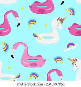 Pattern of rainbow unicorn and flamingo float rings. flat vector illustration.