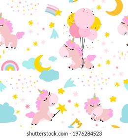 A pattern with rainbow unicorns in a cartoon doodle style. Fairy background with stars and clouds