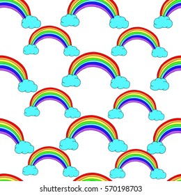 Pattern of rainbow.Rainbow and clouds vector on a white background. Doodle style. Cloth design, wallpaper, wrapping, textiles, paper, cards, invitations, holiday,birthday. Color art. Eps10.