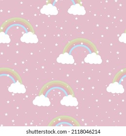 pattern with rainbows with clouds on a pink background. pattern for baby textile. vector illustration, eps 10.
