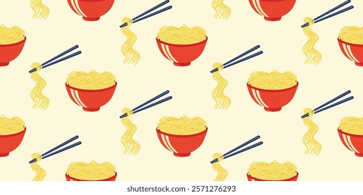 Pattern of Ramen Noodles and Chopsticks. Seamless pattern of ramen noodles being lifted by chopsticks from a red bowl. For wallpaper, fabric, wrapping paper.