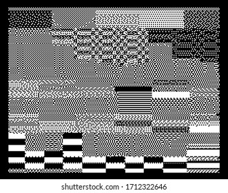 Pattern of random black and white pixel noise. Glitched and defaced computer screen or monitor.