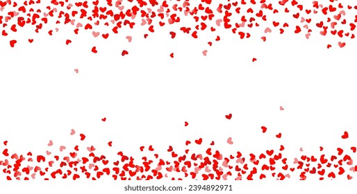 Pattern of random falling hearts confetti. Border design element for festive banner, greeting card, wedding invitation, Valentines day. Vector illustration.