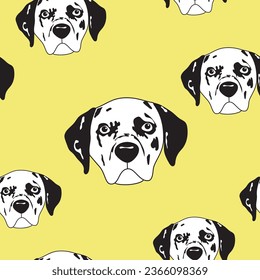 pattern, rapport, of Dalmatian dog, head of Dalmatian dog, white with black spots, yellow background.