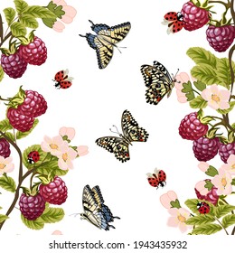 Pattern with raspberries and butterflies.Ripe raspberries and multicolored butterflies on a white background in a vector pattern.