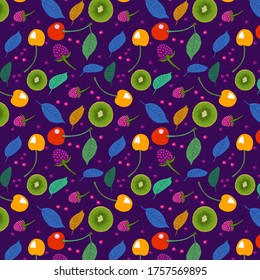 Pattern of raspberries, kiwis, cherries and leaves on a purple background