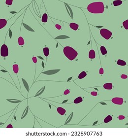 pattern with raspberry tulips, flower twig with bluebells on a gentle background