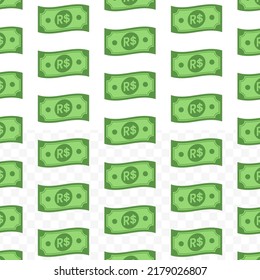 Patrón de billetes del Brasil real sobre fondo transparente con mini doodle (icono) y color verde. Ilustración vectorial