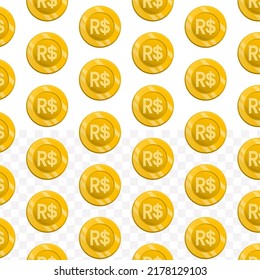 Pattern of Real Brazil currency on transparent background with mini doodle (icons) and gold color. Vector Illustration