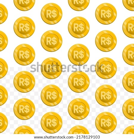 Pattern of Real Brazil currency on transparent background with mini doodle (icons) and gold color. Vector Illustration