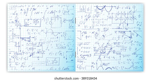 Pattern with real hand written text on copybook grid paper. Two pages of lectures archives, science, geometry, math, physics, electronic engineering . Open exercise book.