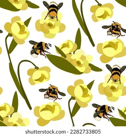 Un patrón de abejas y abejorros realistas con flores amarillas en un fondo blanco. Patrón claro con insectos. Día de la Abeja. Idóneo para imprimir sobre textiles y papel. Embalaje de regalo