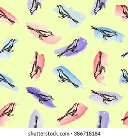 Pattern with realistic birds in watercolor smears. Seamless texture